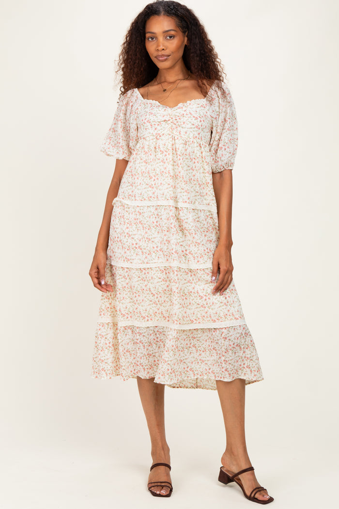 Butter Floral Lace Trim Tiered Maternity Midi Dress
