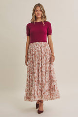 Burgundy Knit Top Pleated Floral Skirt Maxi Dress
