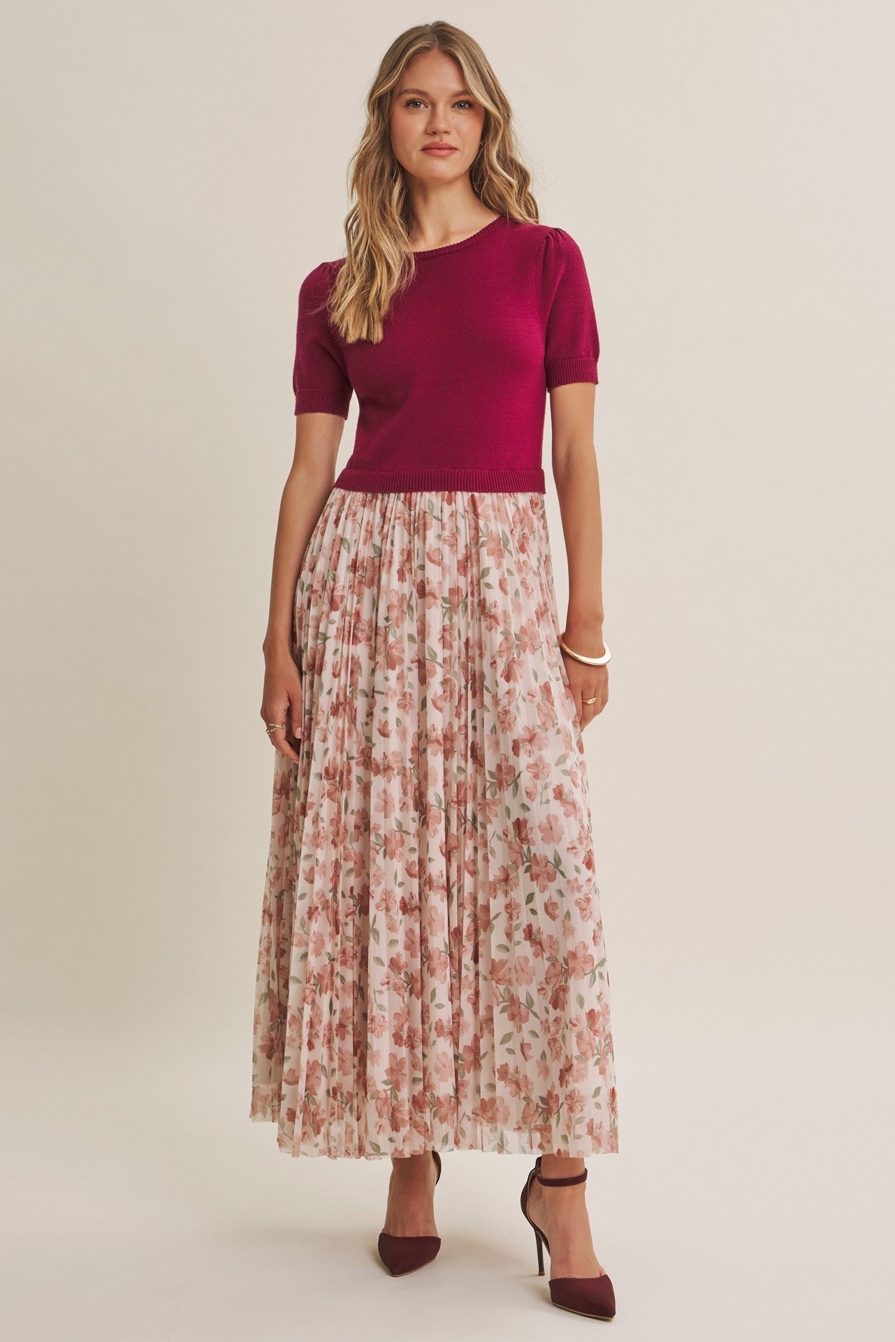 Burgundy Knit Top Pleated Floral Skirt Maxi Dress