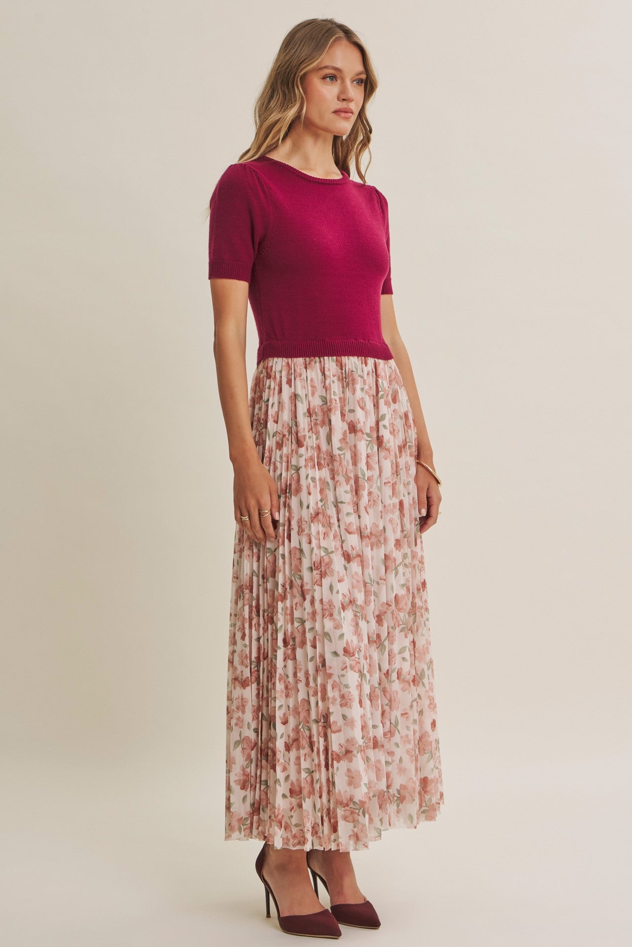 Burgundy Knit Top Pleated Floral Skirt Maxi Dress