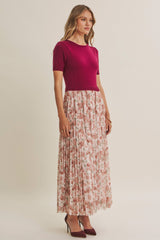 Burgundy Knit Top Pleated Floral Skirt Maxi Dress