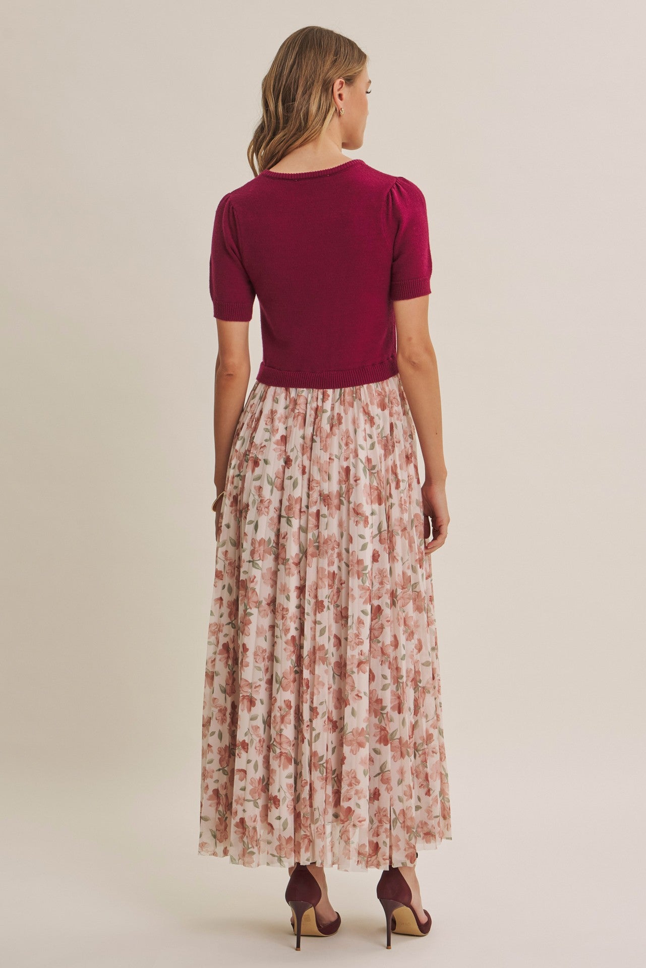 Burgundy Knit Top Pleated Floral Skirt Maxi Dress