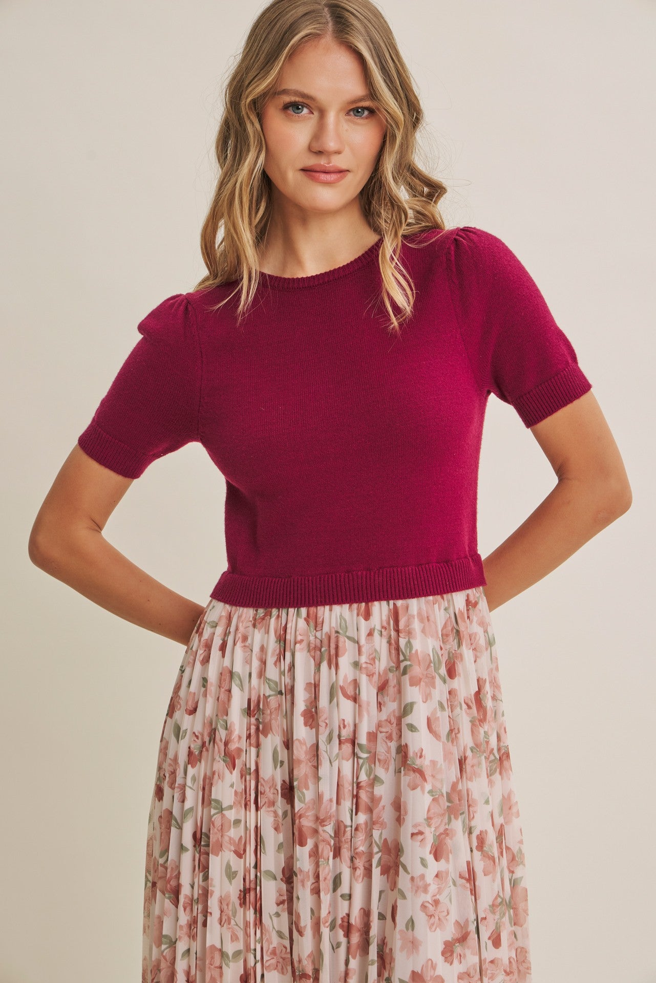 Burgundy Knit Top Pleated Floral Skirt Maxi Dress