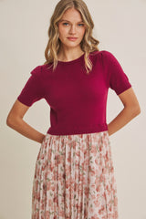Burgundy Knit Top Pleated Floral Skirt Maxi Dress