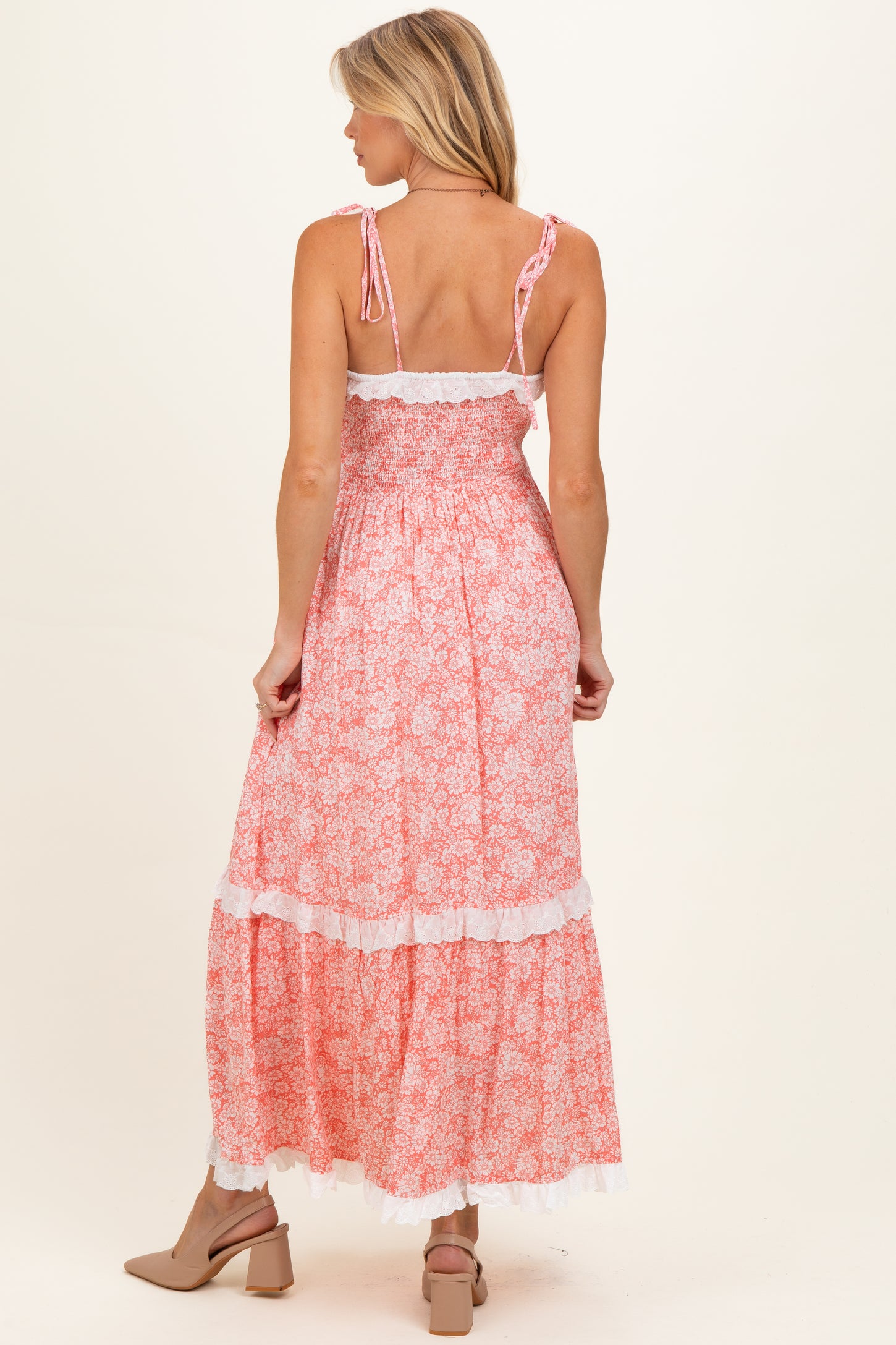 Candy Pink Floral Shoulder Tie Ruffle Detail Maternity Maxi Dress