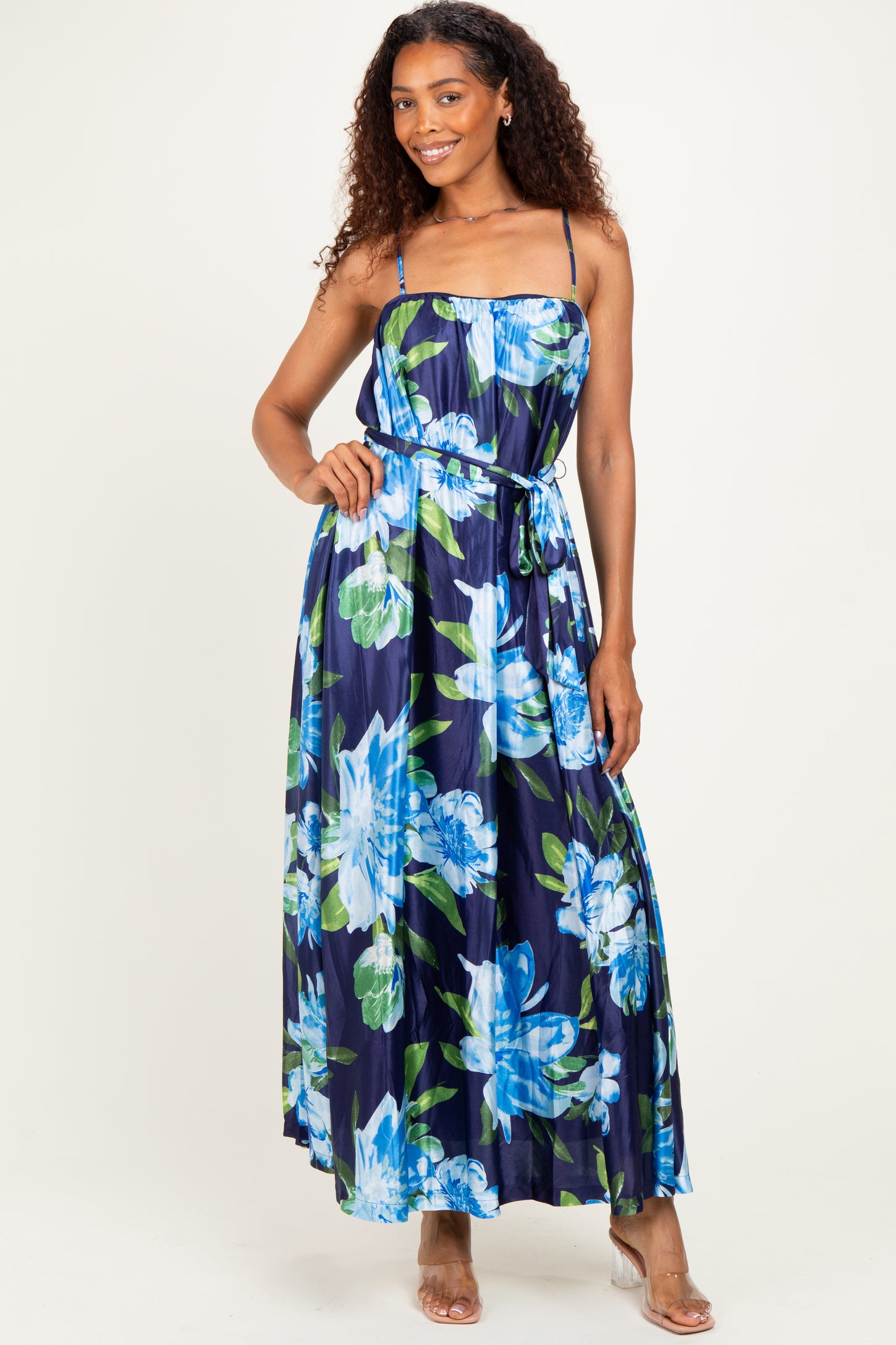 Navy Floral Waist Tie Maxi Dress
