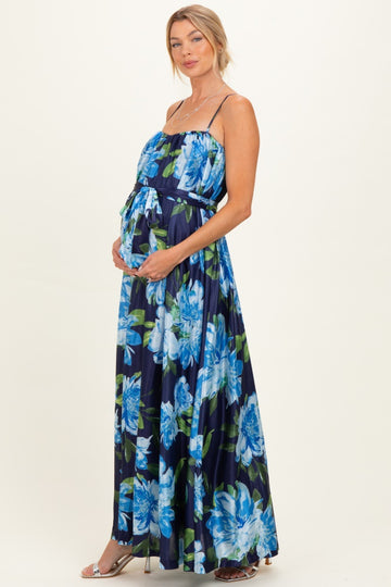 Navy Floral Waist Tie Maternity Maxi Dress