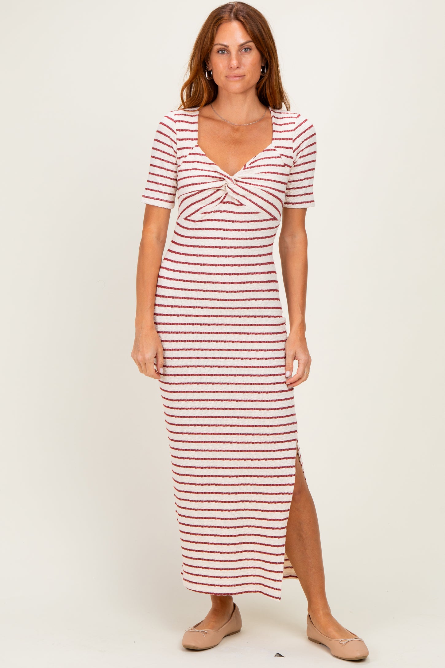 Cream/ Burgundy Striped Knit Short Sleeve Maternity Maxi Dress
