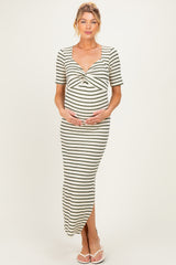 Cream/ Olive Striped Knit Short Sleeve Maternity Maxi Dress