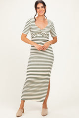 Cream/ Olive Striped Knit Short Sleeve Maxi Dress