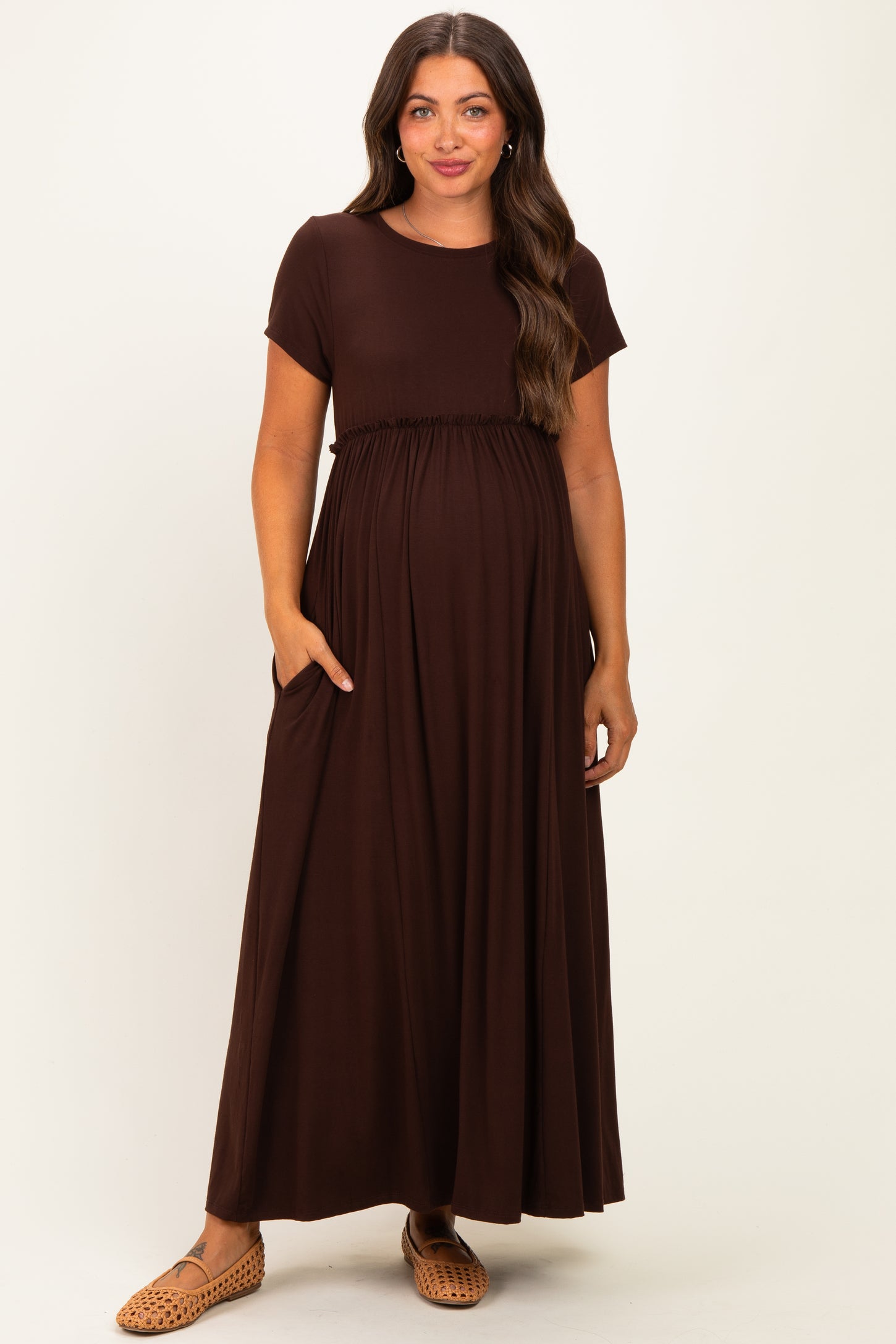 Brown Ruffle Trim Maternity Maxi Dress