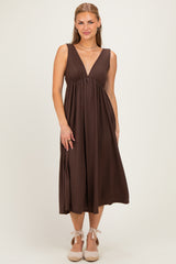 Brown Sleeveless Ribbed Knit A-Line Maternity Midi Dress