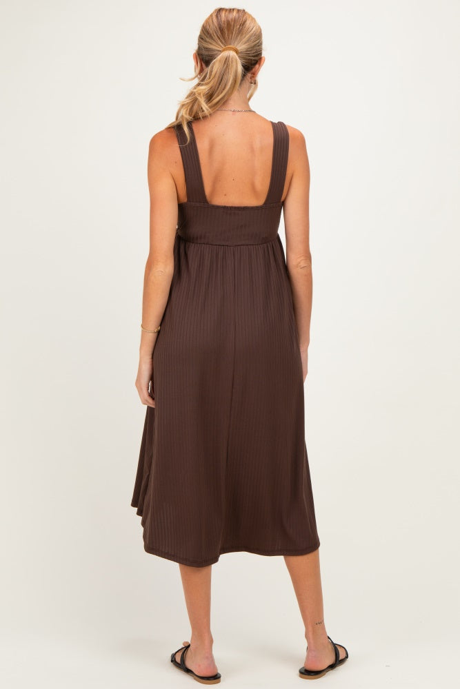 Brown Sleeveless Ribbed Knit A-Line Maternity Midi Dress