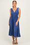 Blue Sleeveless Ribbed Knit A-Line Midi Dress