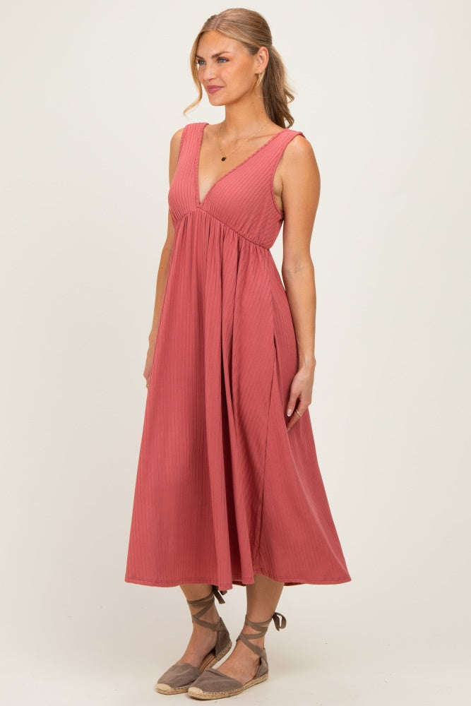 Mauve Sleeveless Ribbed Knit A-Line Midi Dress