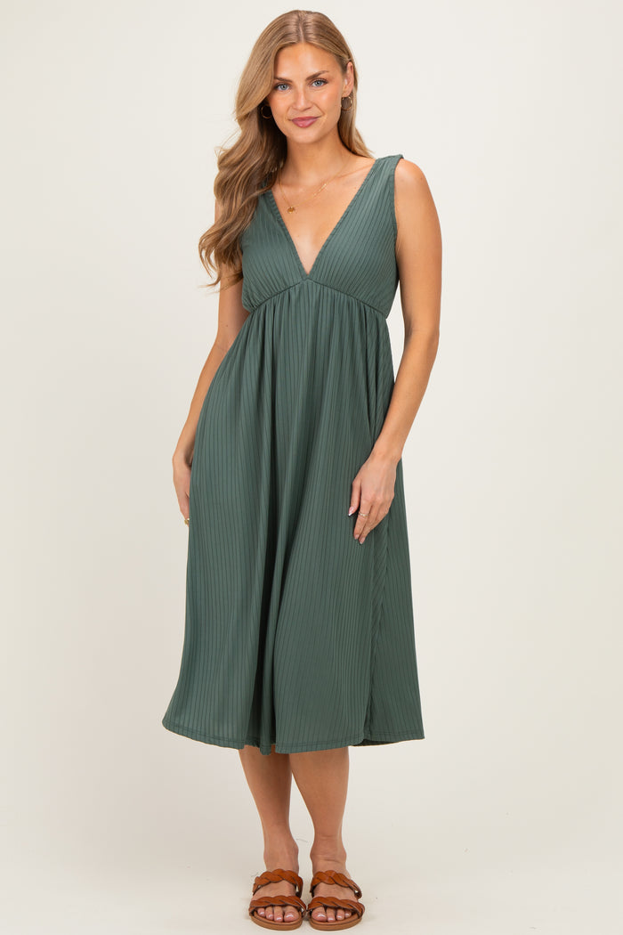 Olive Sleeveless Ribbed Knit A-Line Maternity Midi Dress