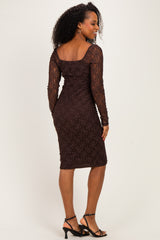 woman wearing a brown lace long sleeve bodycon dress, showing a fitted silhouette from the back