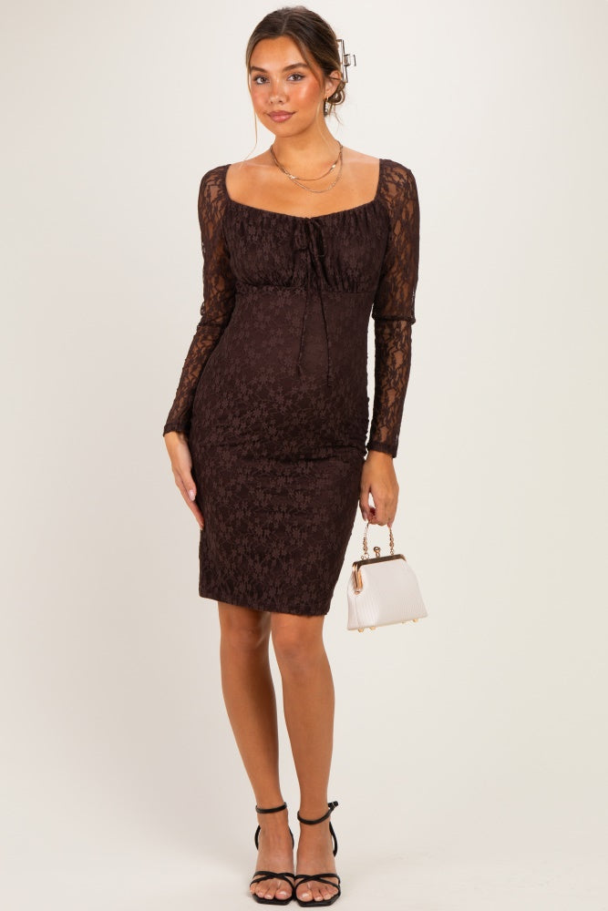 Brown Lace Long Sleeve Maternity Midi Dress