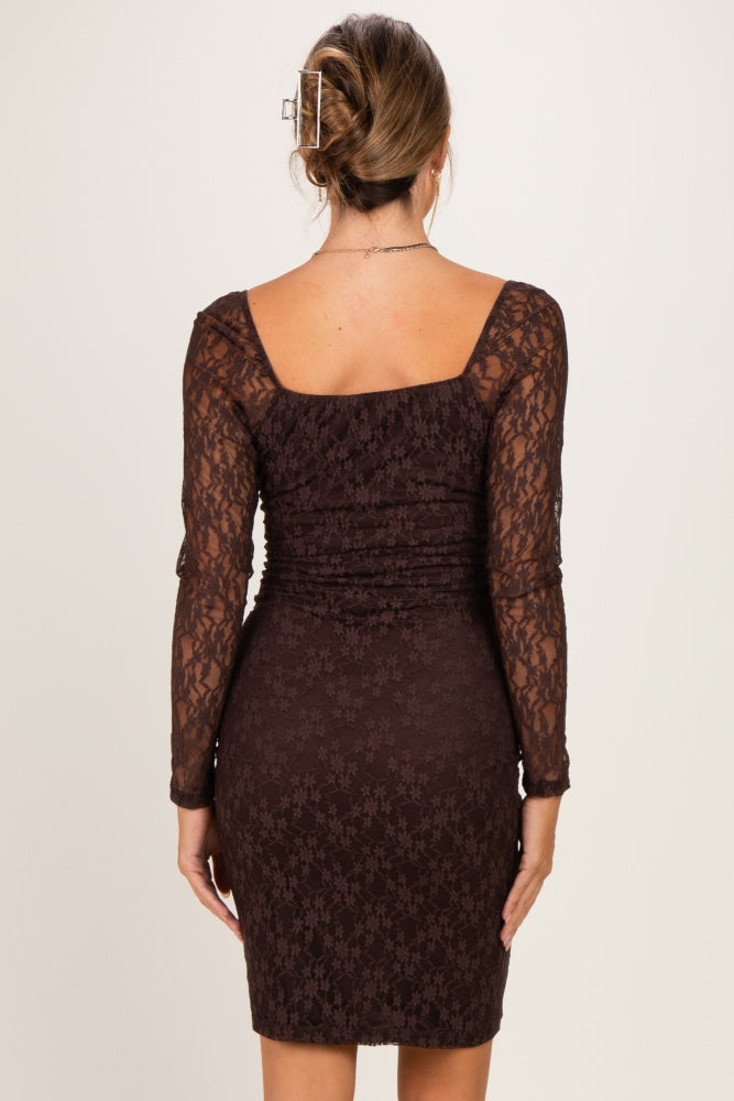 Brown Lace Long Sleeve Maternity Midi Dress