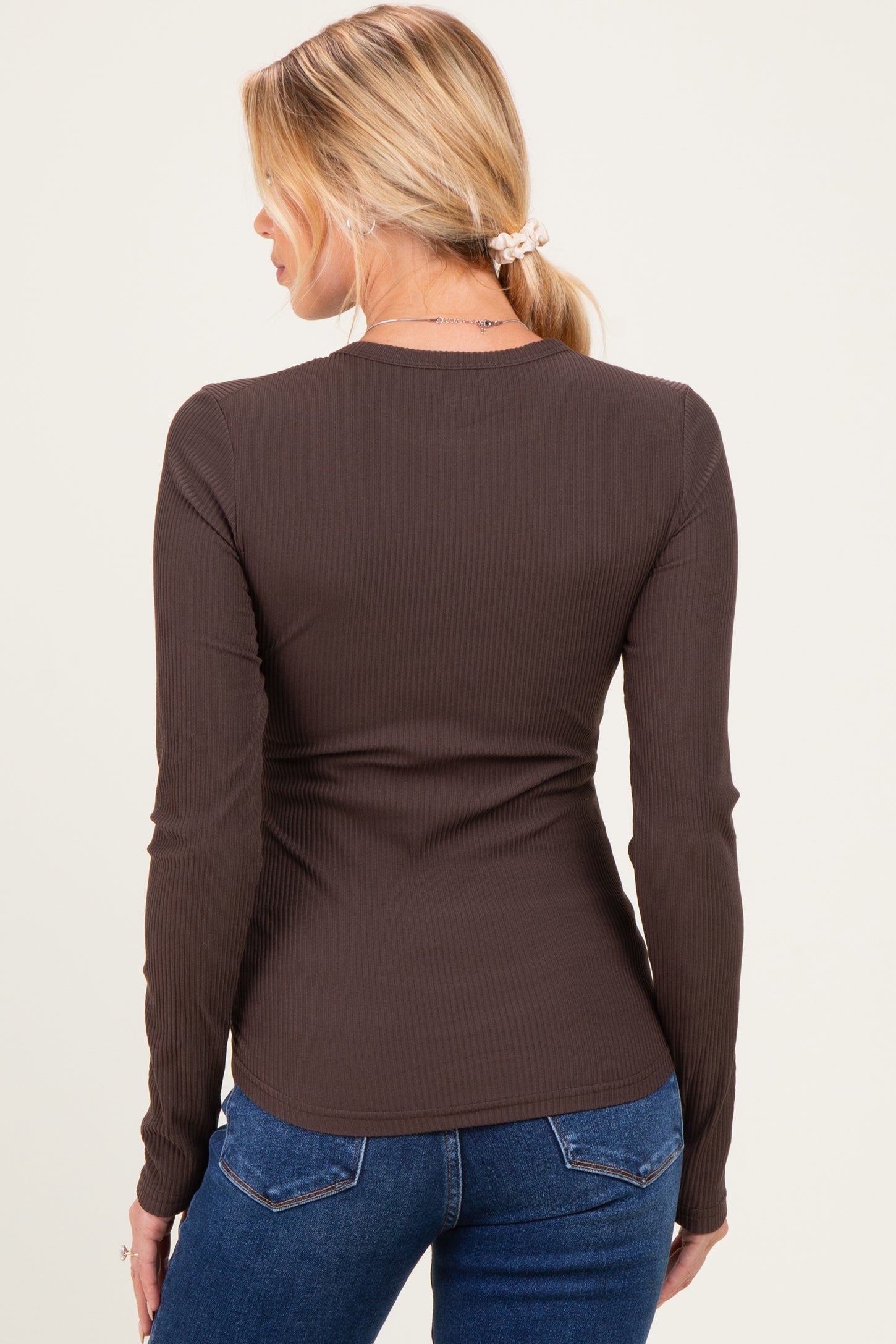 Brown Brushed Rib Knit Maternity Long Sleeve Top