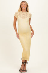 Yellow Sheer Lace Overlay Short Sleeve Maternity Midi Dress