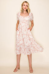 Ivory Floral Sweetheart Neckline Midi Dress