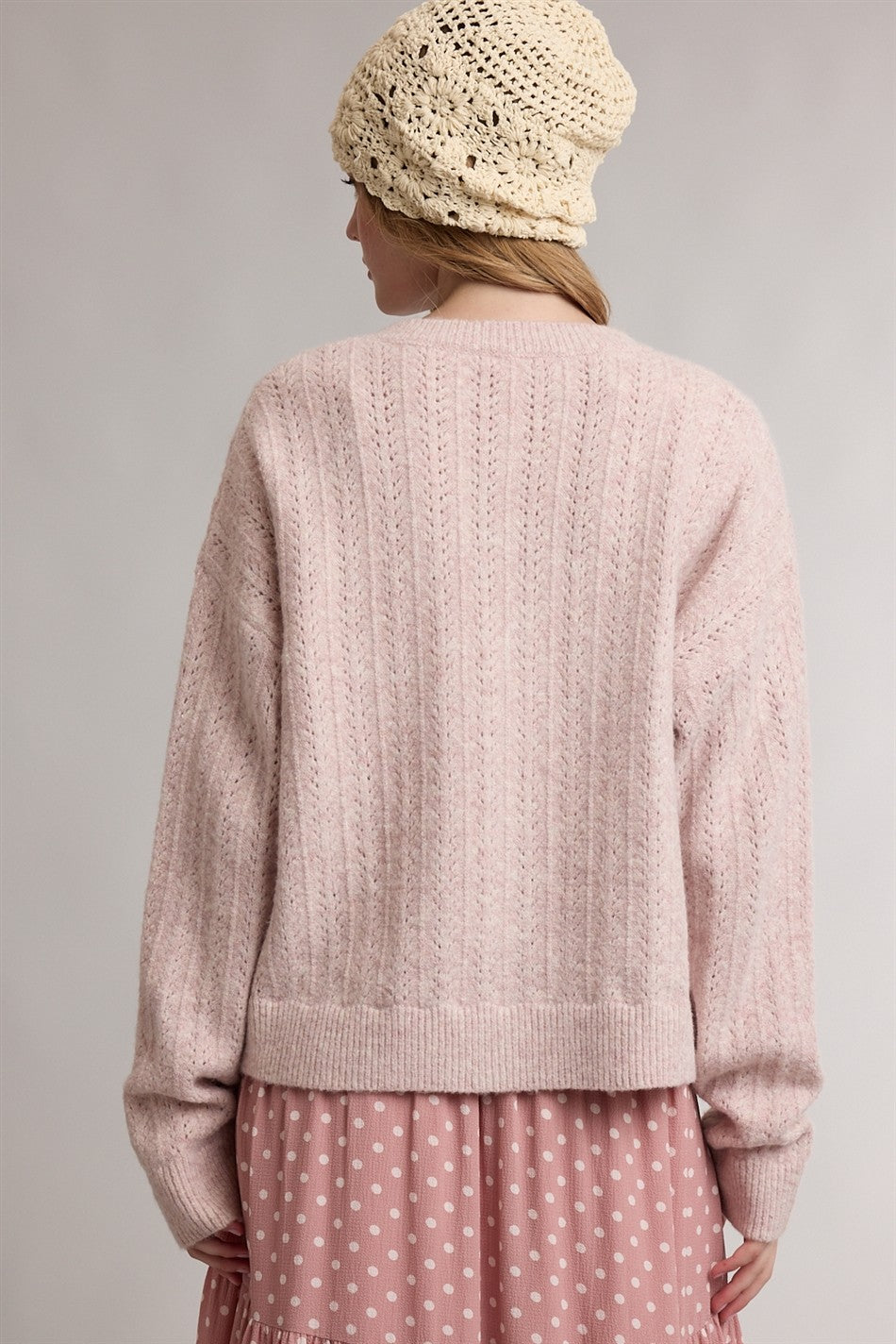 Mauve Pink Pointelle Knit Button Cardigan