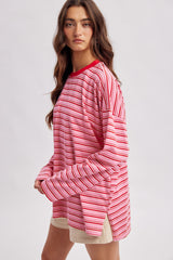 Pink Striped Oversized Crewneck Long Sleeve Top