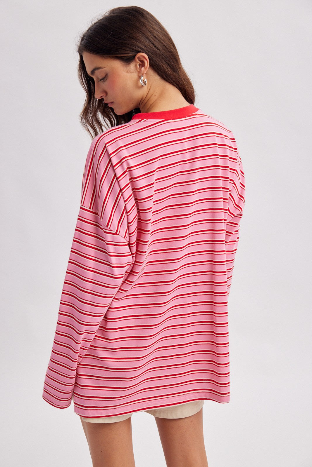 Pink Striped Oversized Crewneck Long Sleeve Top
