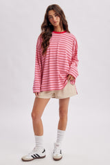 Pink Striped Oversized Crewneck Long Sleeve Top
