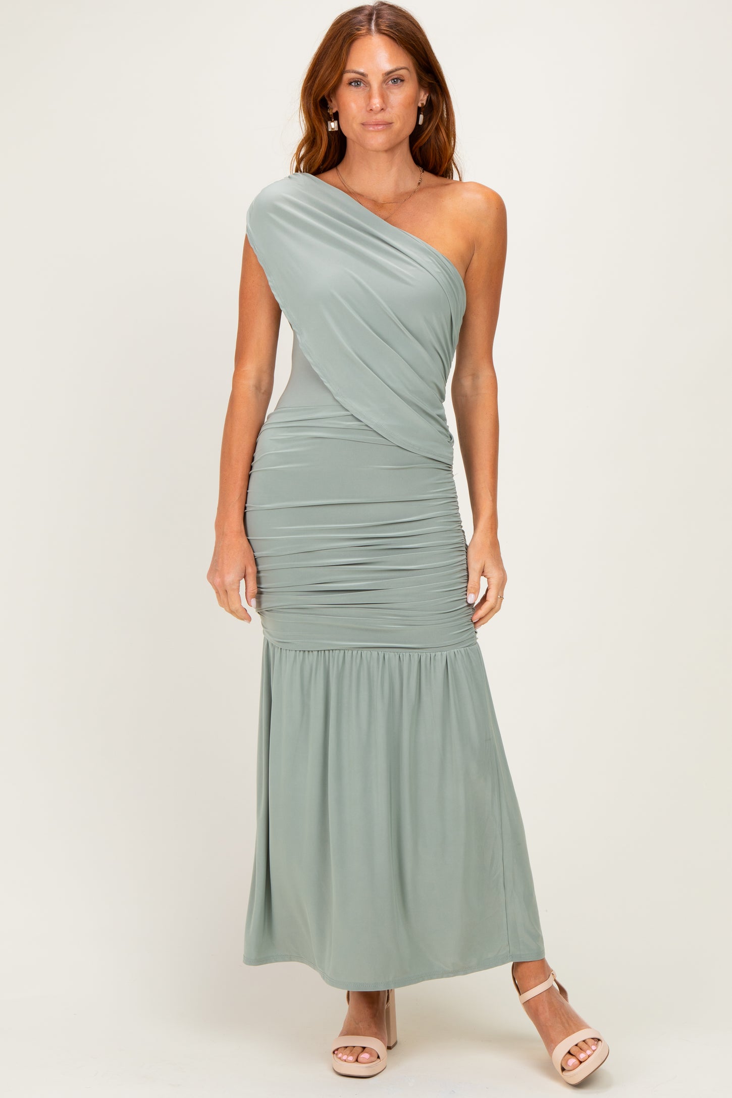 Sage One Shoulder Ruched Maxi Dress