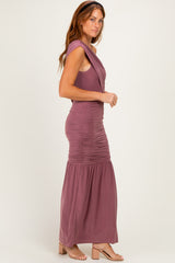 Mauve One Shoulder Ruched Maxi Dress