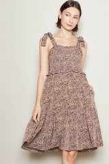 Chestnut Floral Smocked Shoulder Tie Dress