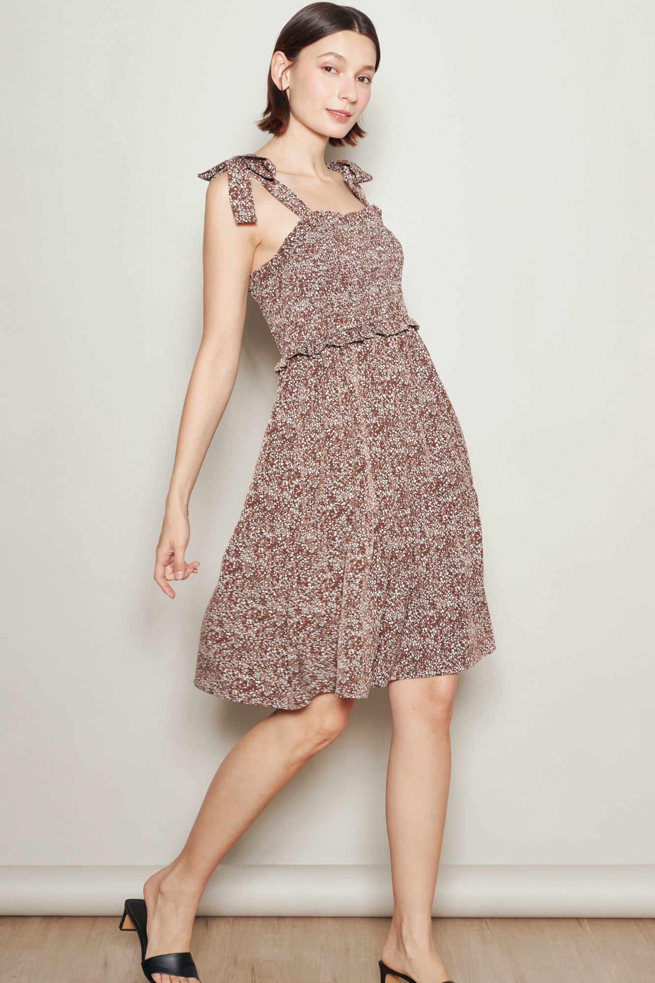 Chestnut Floral Smocked Shoulder Tie Dress