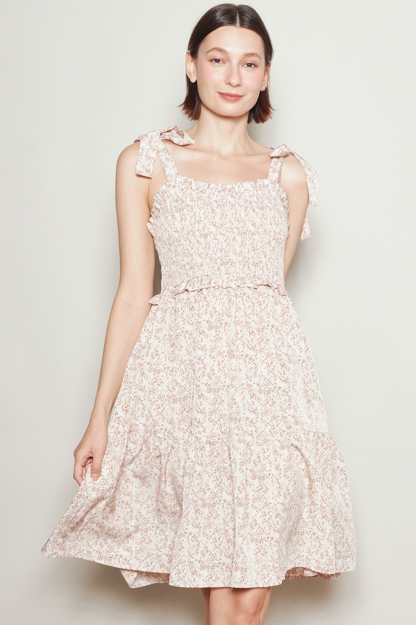 Latte Floral Smocked Shoulder Tie Dress