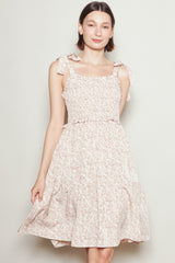 Latte Floral Smocked Shoulder Tie Dress