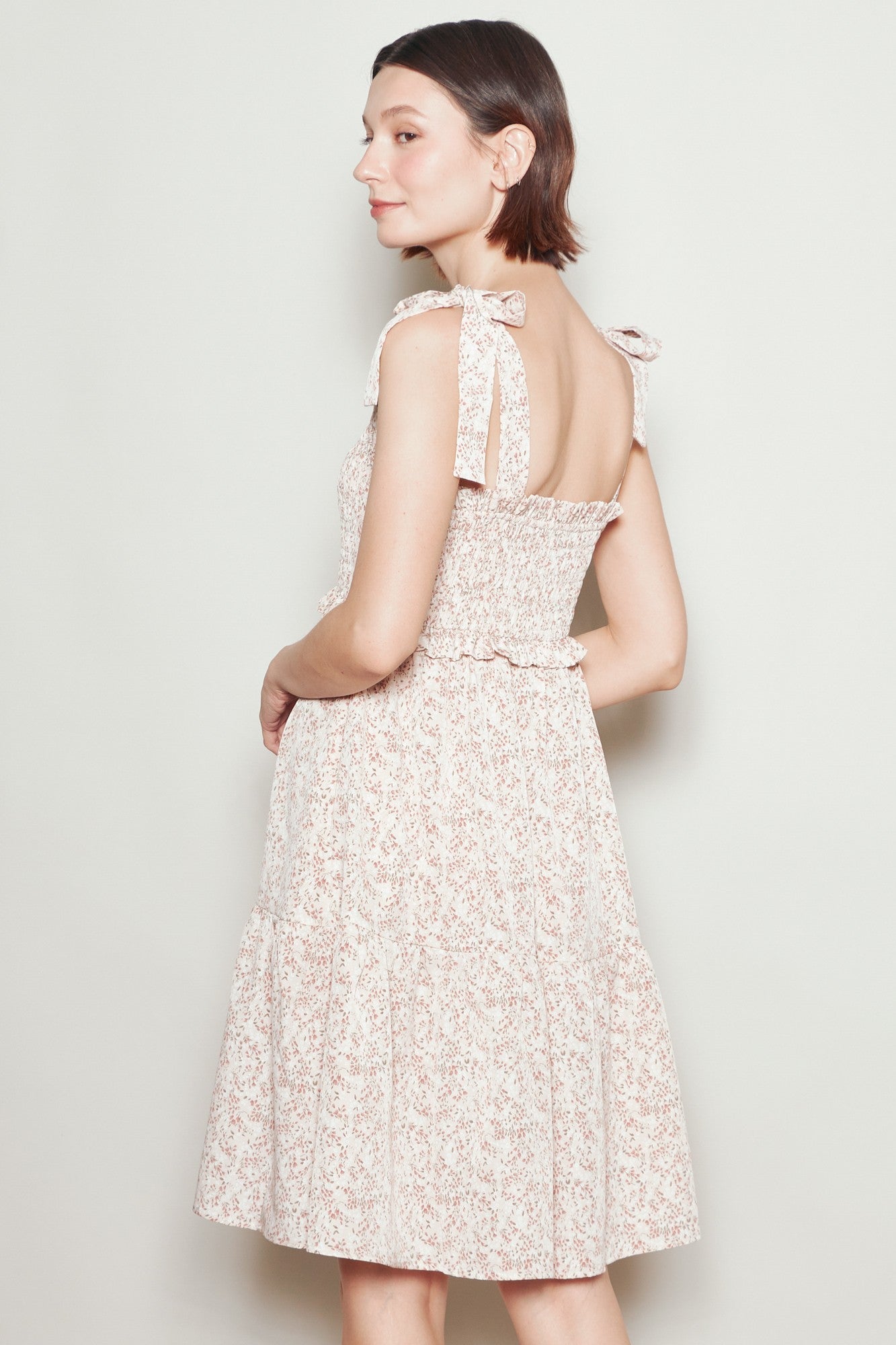 Latte Floral Smocked Shoulder Tie Dress