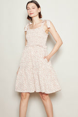 Latte Floral Smocked Shoulder Tie Dress