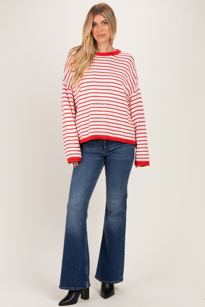 Red Striped Solid Trim Relaxed Maternity Sweater