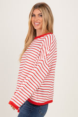 Red Striped Solid Trim Relaxed Sweater