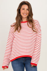 Red Striped Solid Trim Relaxed Maternity Sweater