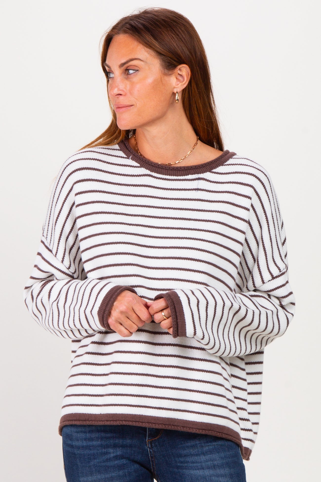Brown Striped Solid Trim Relaxed Maternity Sweater
