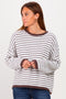 Brown Striped Solid Trim Relaxed Sweater