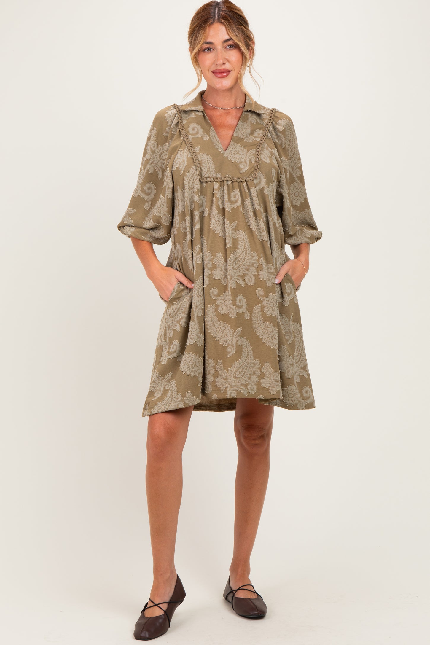 Light Olive Paisley Puff Sleeve Maternity Dress
