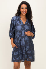Navy Blue Floral Velvet Maternity Dress