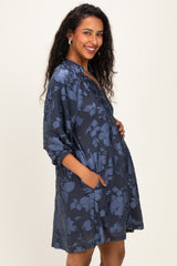 Navy Blue Floral Velvet Maternity Dress