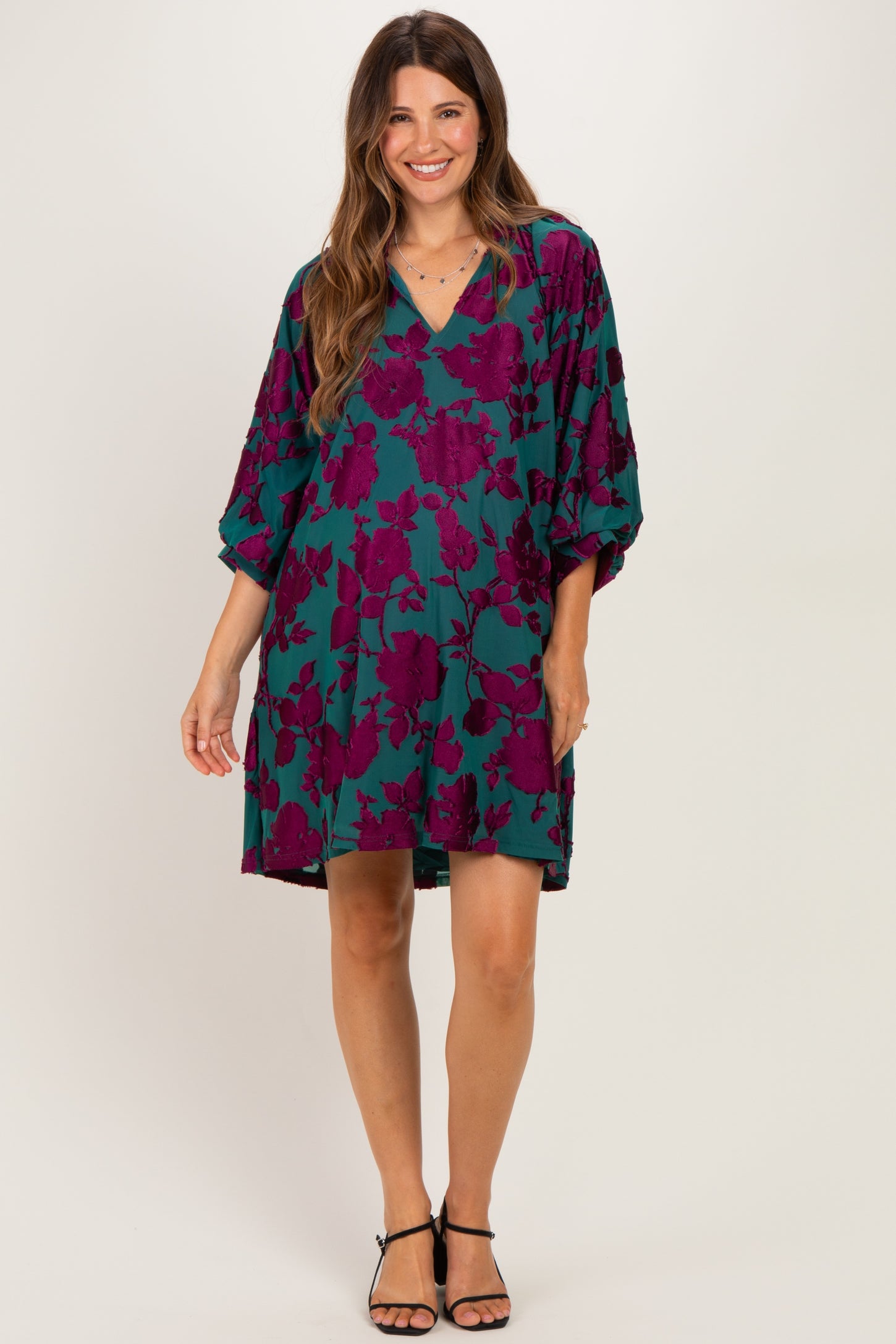 Teal Floral Velvet Maternity Dress