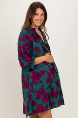 Teal Floral Velvet Maternity Dress