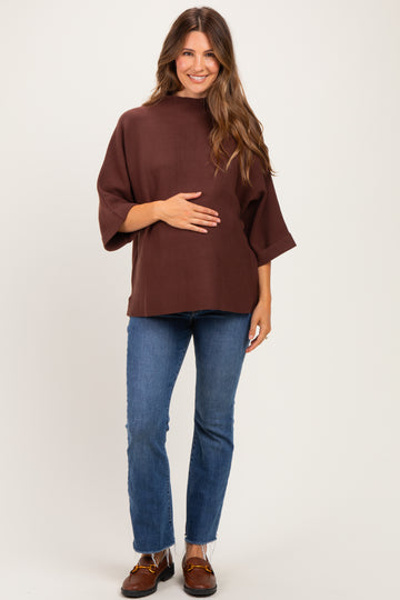 Brown Mock Neck Dolman Short Sleeve Maternity Top