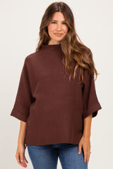 Brown Mock Neck Dolman Short Sleeve Maternity Top